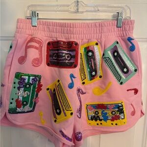 QUEEN OF SPARKLES Pink Shorts with Colorful Cassette Design
